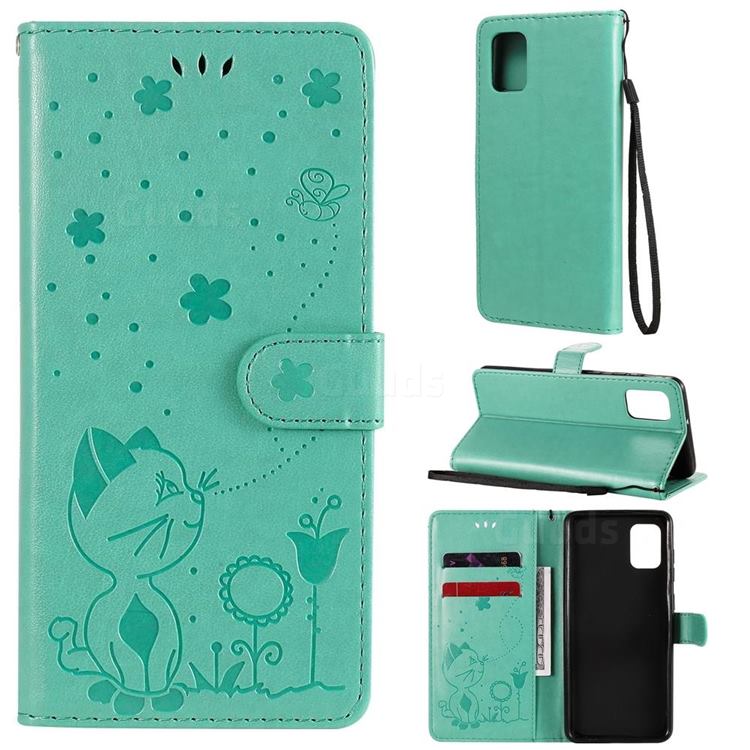 Embossing Bee and Cat Leather Wallet Case for Samsung Galaxy A31 - Green