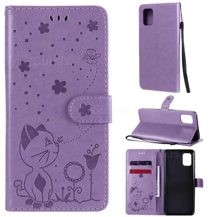Embossing Bee and Cat Leather Wallet Case for Samsung Galaxy A31 - Purple