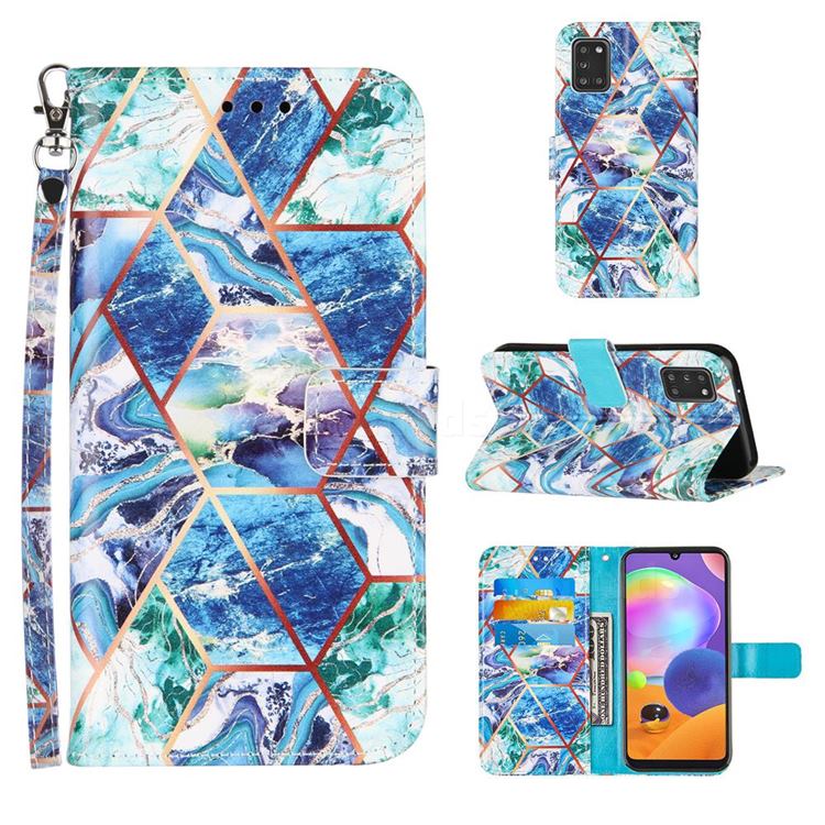 Green and Blue Stitching Color Marble Leather Wallet Case for Samsung Galaxy A31