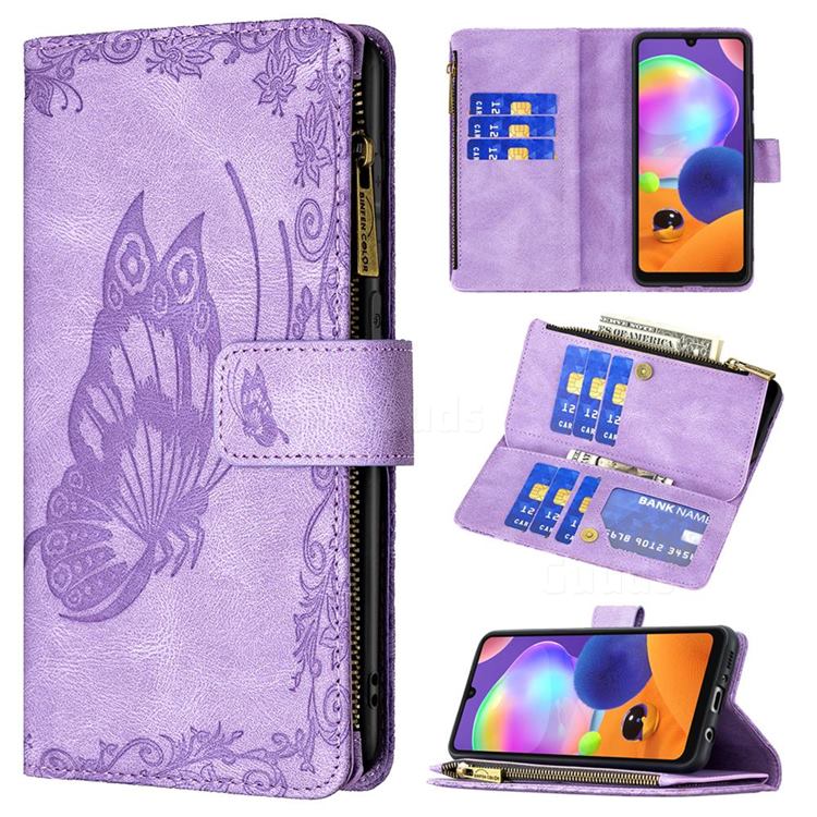 Binfen Color Imprint Vivid Butterfly Buckle Zipper Multi-function Leather Phone Wallet for Samsung Galaxy A31 - Purple