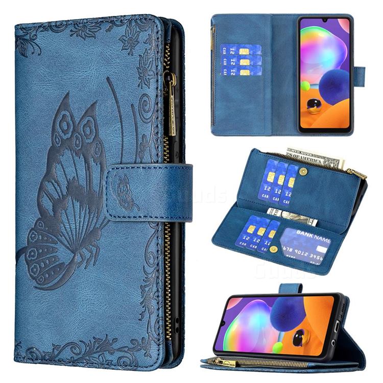 Binfen Color Imprint Vivid Butterfly Buckle Zipper Multi-function Leather Phone Wallet for Samsung Galaxy A31 - Blue