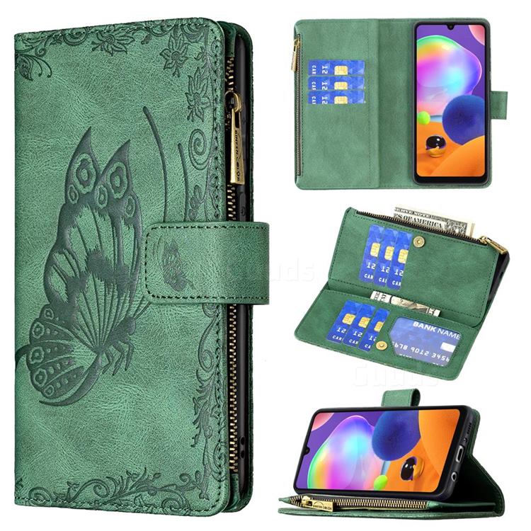 Binfen Color Imprint Vivid Butterfly Buckle Zipper Multi-function Leather Phone Wallet for Samsung Galaxy A31 - Green