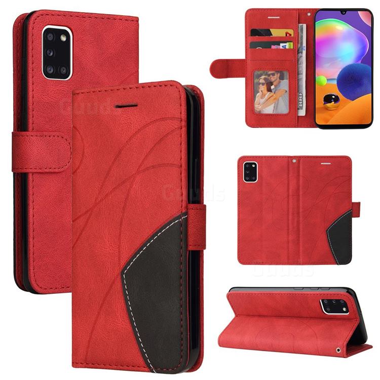Luxury Two-color Stitching Leather Wallet Case Cover for Samsung Galaxy A31 - Red