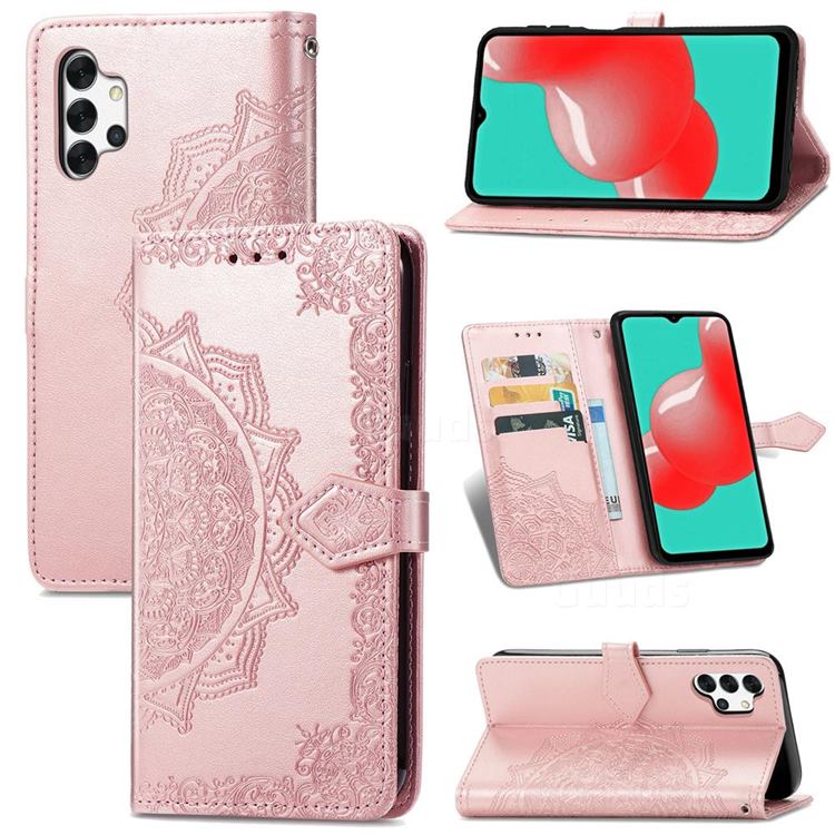 Embossing Imprint Mandala Flower Leather Wallet Case for Samsung Galaxy A32 5G - Rose Gold