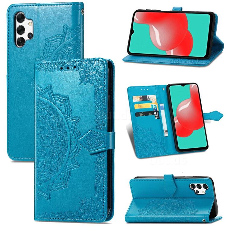 Embossing Imprint Mandala Flower Leather Wallet Case for Samsung Galaxy A32 5G - Blue