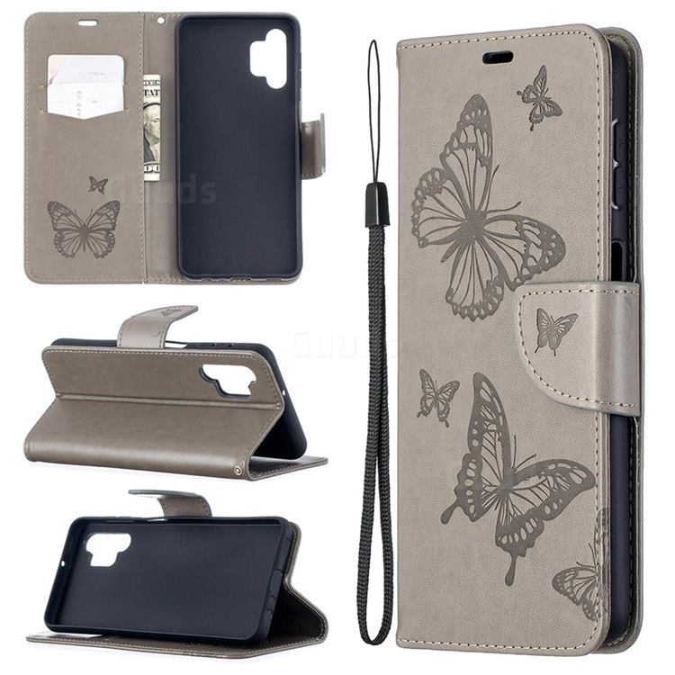 Embossing Double Butterfly Leather Wallet Case for Samsung Galaxy A32 5G - Gray