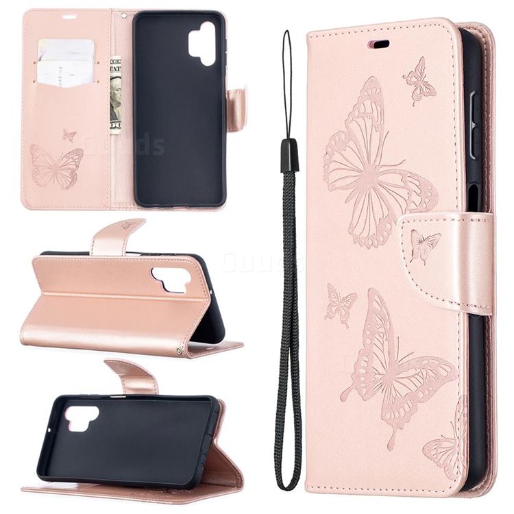 Embossing Double Butterfly Leather Wallet Case for Samsung Galaxy A32 5G - Rose Gold