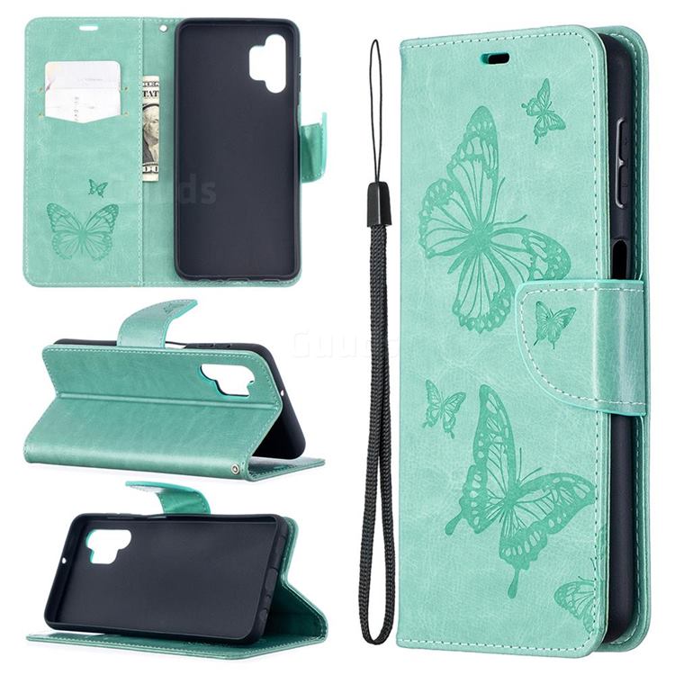 Embossing Double Butterfly Leather Wallet Case for Samsung Galaxy A32 5G - Green