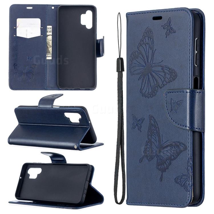Embossing Double Butterfly Leather Wallet Case for Samsung Galaxy A32 5G - Dark Blue