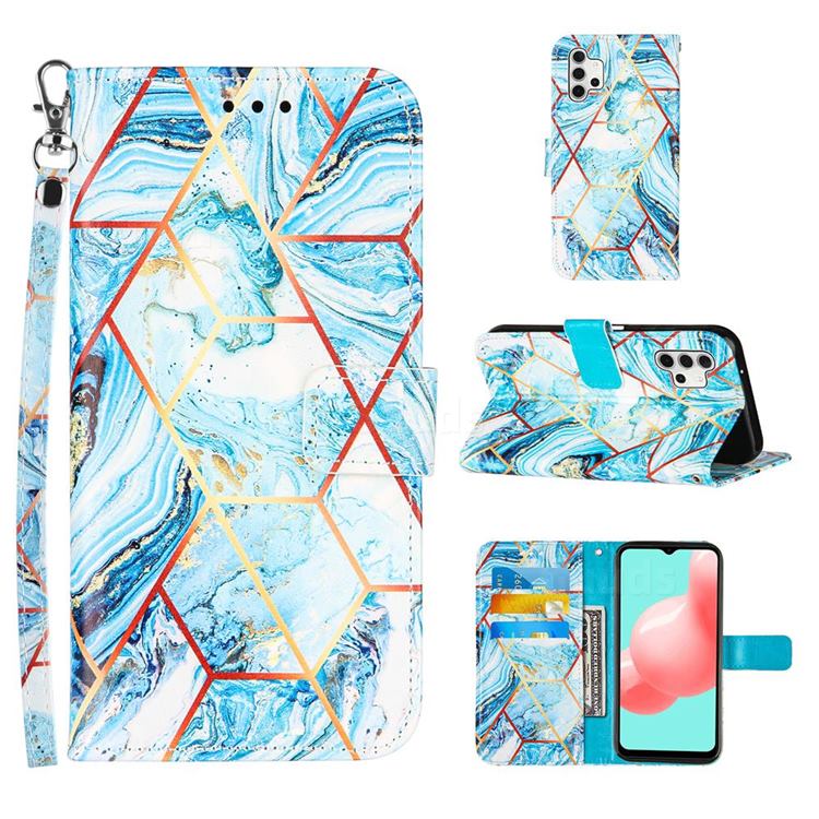 Lake Blue Stitching Color Marble Leather Wallet Case for Samsung Galaxy A32 5G