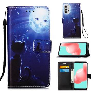 Cat and Moon Matte Leather Wallet Phone Case for Samsung Galaxy A32 5G
