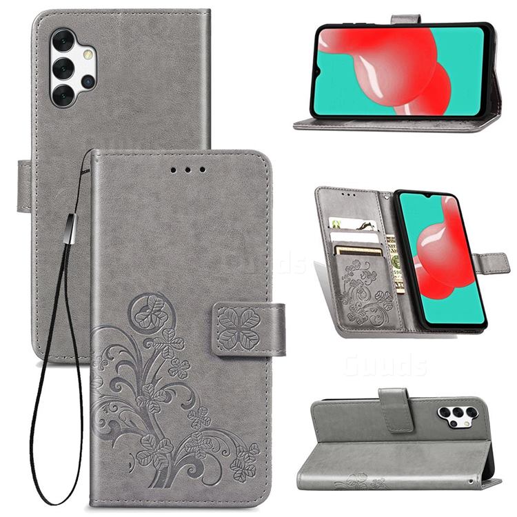 Embossing Imprint Four-Leaf Clover Leather Wallet Case for Samsung Galaxy A32 5G - Grey