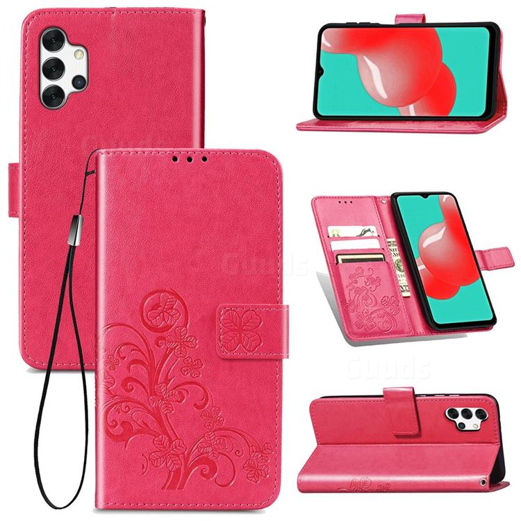 Embossing Imprint Four-Leaf Clover Leather Wallet Case for Samsung Galaxy A32 5G - Rose Red
