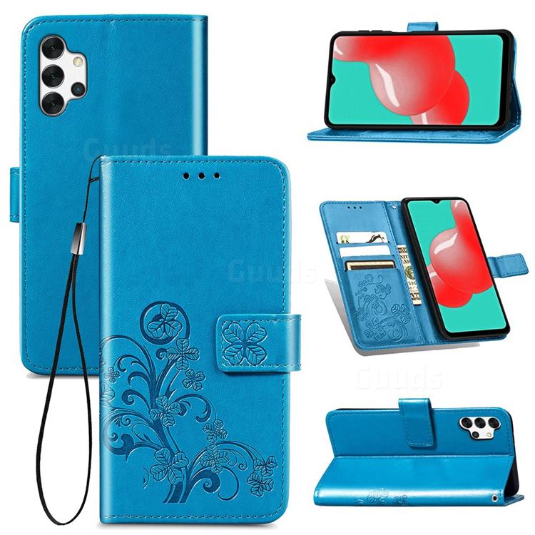 Embossing Imprint Four-Leaf Clover Leather Wallet Case for Samsung Galaxy A32 5G - Blue