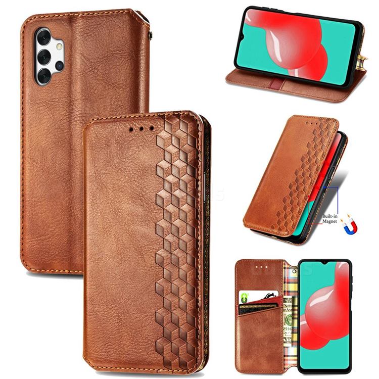 Ultra Slim Fashion Business Card Magnetic Automatic Suction Leather Flip Cover for Samsung Galaxy A32 5G - Brown