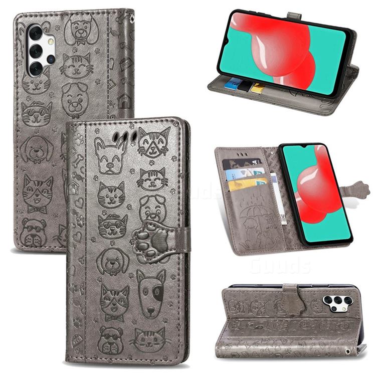 Embossing Dog Paw Kitten and Puppy Leather Wallet Case for Samsung Galaxy A32 5G - Gray
