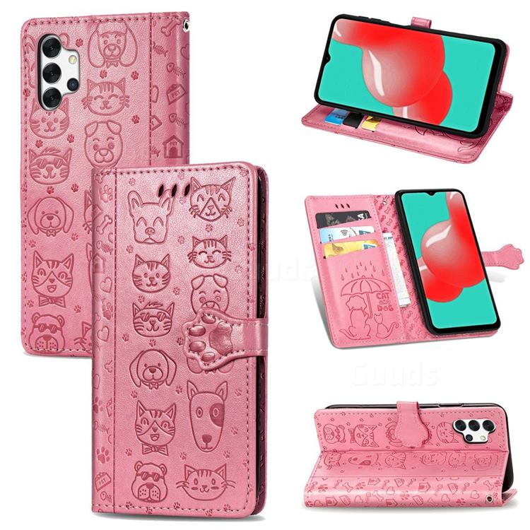 Embossing Dog Paw Kitten and Puppy Leather Wallet Case for Samsung Galaxy A32 5G - Pink
