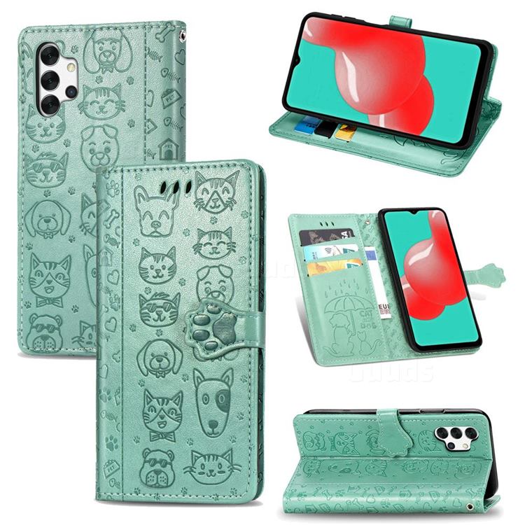 Embossing Dog Paw Kitten and Puppy Leather Wallet Case for Samsung Galaxy A32 5G - Green