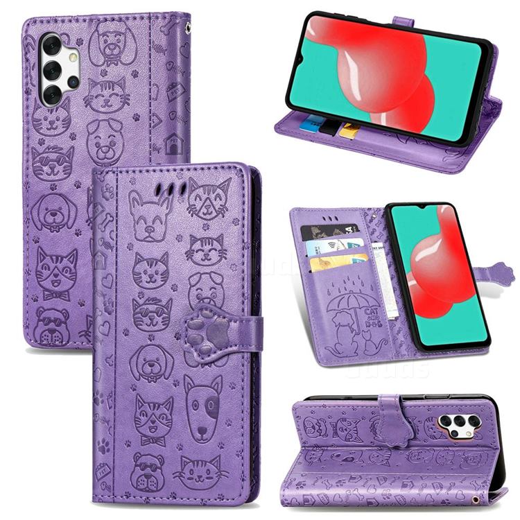 Embossing Dog Paw Kitten and Puppy Leather Wallet Case for Samsung Galaxy A32 5G - Purple