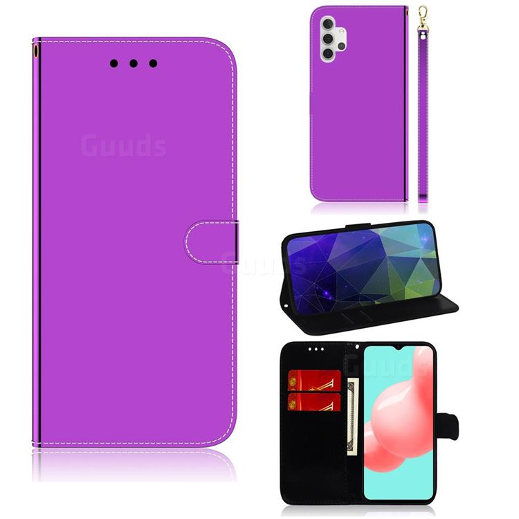 Shining Mirror Like Surface Leather Wallet Case for Samsung Galaxy A32 5G - Purple