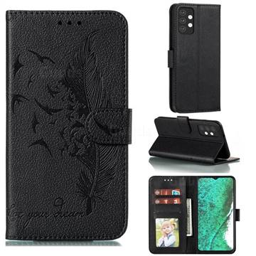 Intricate Embossing Lychee Feather Bird Leather Wallet Case for Samsung Galaxy A32 5G - Black