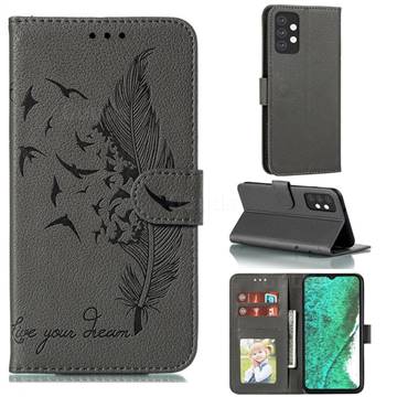 Intricate Embossing Lychee Feather Bird Leather Wallet Case for Samsung Galaxy A32 5G - Gray