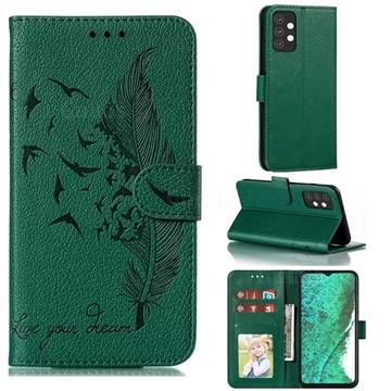 Intricate Embossing Lychee Feather Bird Leather Wallet Case for Samsung Galaxy A32 5G - Green