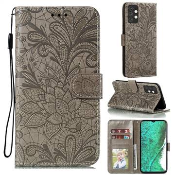 Intricate Embossing Lace Jasmine Flower Leather Wallet Case for Samsung Galaxy A32 5G - Gray
