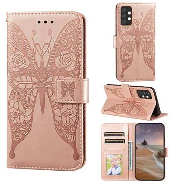 Intricate Embossing Rose Flower Butterfly Leather Wallet Case for Samsung Galaxy A32 5G - Rose Gold