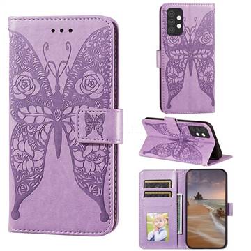 Intricate Embossing Rose Flower Butterfly Leather Wallet Case for Samsung Galaxy A32 5G - Purple