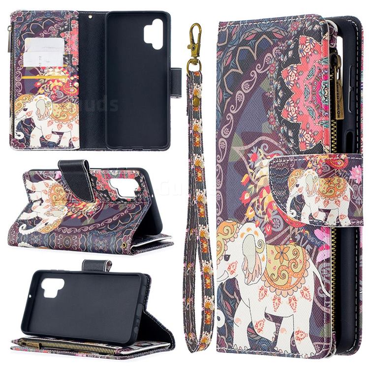 Totem Flower Elephant Binfen Color BF03 Retro Zipper Leather Wallet Phone Case for Samsung Galaxy A32 5G