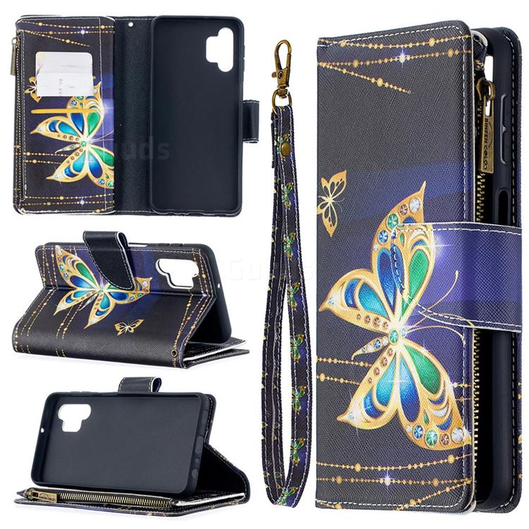 Golden Shining Butterfly Binfen Color BF03 Retro Zipper Leather Wallet Phone Case for Samsung Galaxy A32 5G