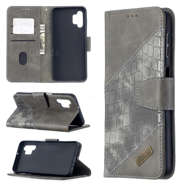 BinfenColor BF04 Color Block Stitching Crocodile Leather Case Cover for Samsung Galaxy A32 5G - Gray