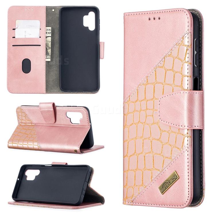BinfenColor BF04 Color Block Stitching Crocodile Leather Case Cover for Samsung Galaxy A32 5G - Rose Gold