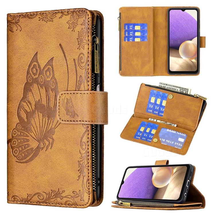 Binfen Color Imprint Vivid Butterfly Buckle Zipper Multi-function Leather Phone Wallet for Samsung Galaxy A32 5G - Brown