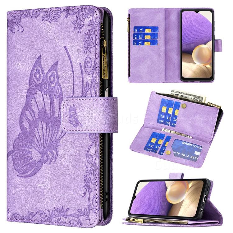 Binfen Color Imprint Vivid Butterfly Buckle Zipper Multi-function Leather Phone Wallet for Samsung Galaxy A32 5G - Purple
