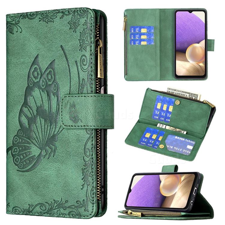 Binfen Color Imprint Vivid Butterfly Buckle Zipper Multi-function Leather Phone Wallet for Samsung Galaxy A32 5G - Green