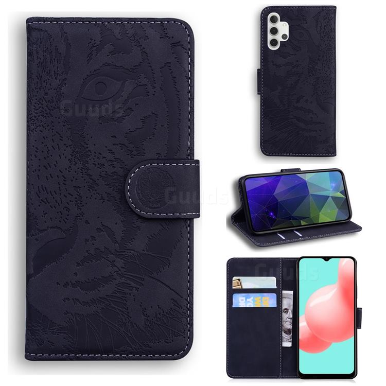 Intricate Embossing Tiger Face Leather Wallet Case for Samsung Galaxy A32 5G - Black