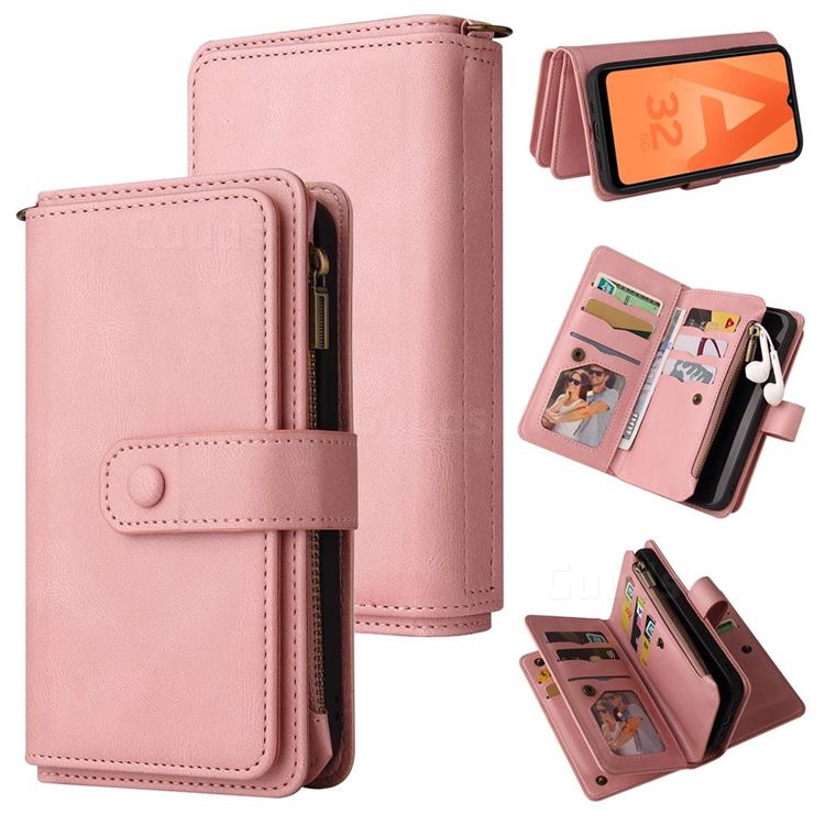 Luxury Multi-functional Zipper Wallet Leather Phone Case Cover for Samsung Galaxy A32 5G - Pink