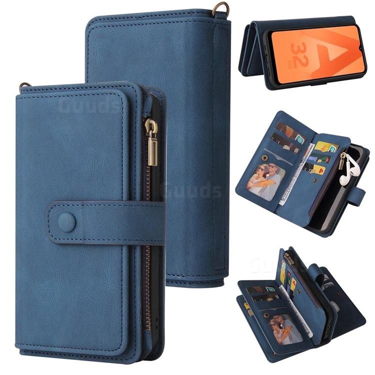Luxury Multi-functional Zipper Wallet Leather Phone Case Cover for Samsung Galaxy A32 5G - Blue