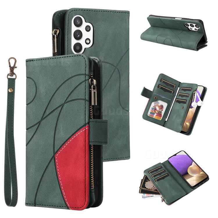 Luxury Two-color Stitching Multi-function Zipper Leather Wallet Case Cover for Samsung Galaxy A32 5G - Green