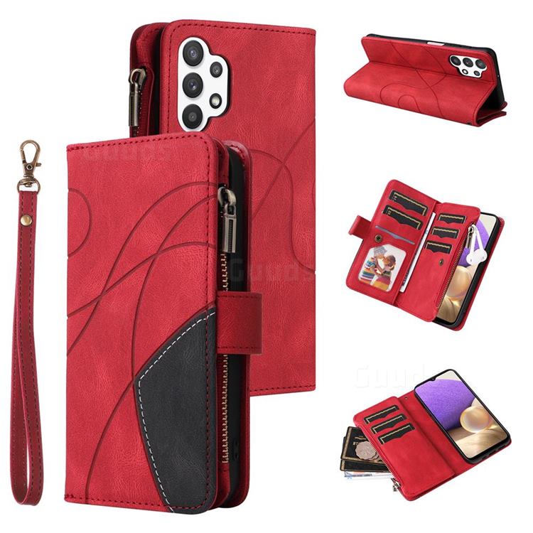 Luxury Two-color Stitching Multi-function Zipper Leather Wallet Case Cover for Samsung Galaxy A32 5G - Red