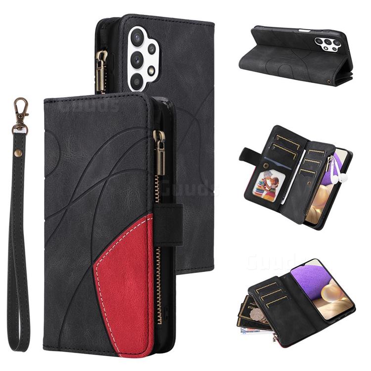 Luxury Two-color Stitching Multi-function Zipper Leather Wallet Case Cover for Samsung Galaxy A32 5G - Black