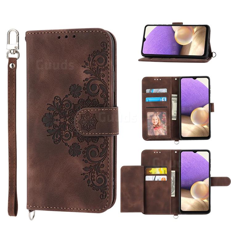Skin Feel Embossed Lace Flower Multiple Card Slots Leather Wallet Phone Case for Samsung Galaxy A32 5G - Brown