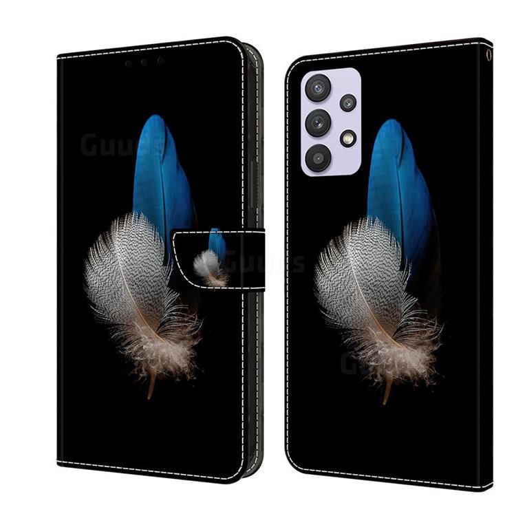 White Blue Feathers Crystal PU Leather Protective Wallet Case Cover for Samsung Galaxy A32 5G