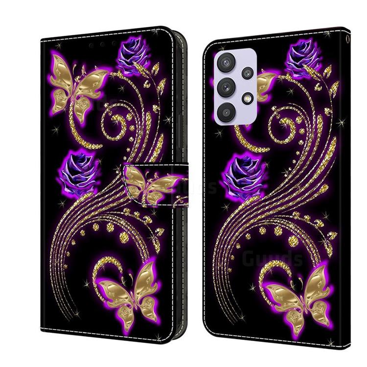 Purple Flower Butterfly Crystal PU Leather Protective Wallet Case Cover for Samsung Galaxy A32 5G