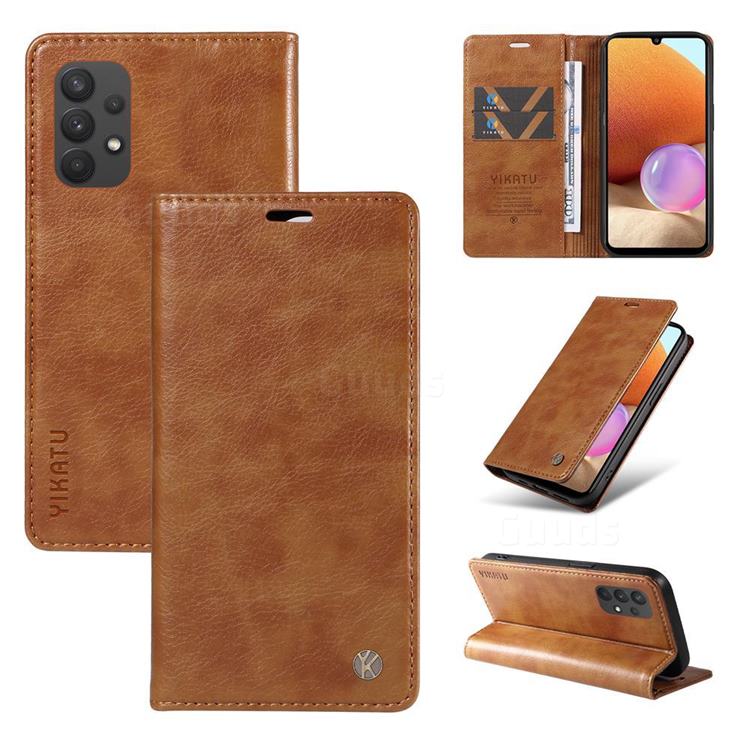 YIKATU Litchi Card Magnetic Automatic Suction Leather Flip Cover for Samsung Galaxy A32 5G - Brown