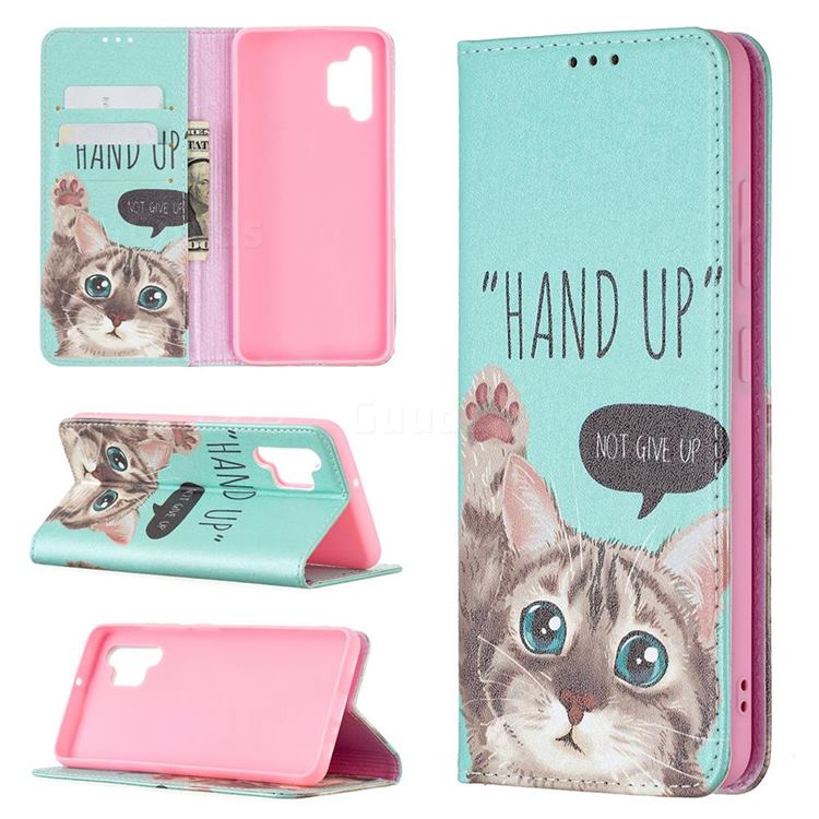 Hand Up Cat Slim Magnetic Attraction Wallet Flip Cover for Samsung Galaxy A32 4G