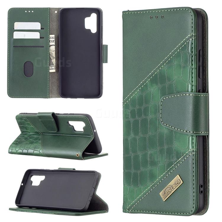 BinfenColor BF04 Color Block Stitching Crocodile Leather Case Cover for Samsung Galaxy A32 4G - Green