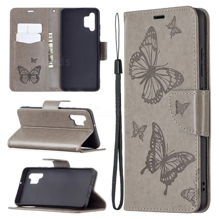Embossing Double Butterfly Leather Wallet Case for Samsung Galaxy A32 4G - Gray